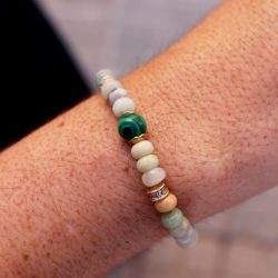 WB533x Pulsera Plata de Palo mujer con bolas de amazonita y jade con piezas de bronce