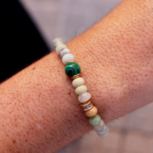 WB533x Pulsera Plata de Palo mujer con bolas de amazonita y jade con piezas de bronce