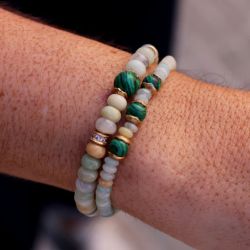 WB533x Pulsera Plata de Palo mujer con bolas de amazonita y jade con piezas de bronce