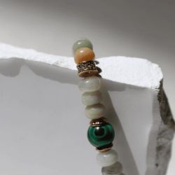 WB533x Pulsera Plata de Palo mujer con bolas de amazonita y jade con piezas de bronce