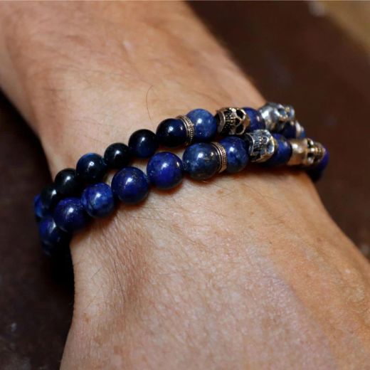 SB206X Pulsera Plata de Palo de bolas de ojo de tigre azul con calaveras de plata y bronce