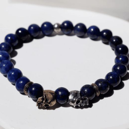 SB206X Pulsera Plata de Palo de bolas de ojo de tigre azul con calaveras de plata y bronce