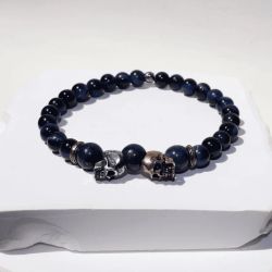 SB206X Pulsera Plata de Palo de bolas de ojo de tigre azul con calaveras de plata y bronce