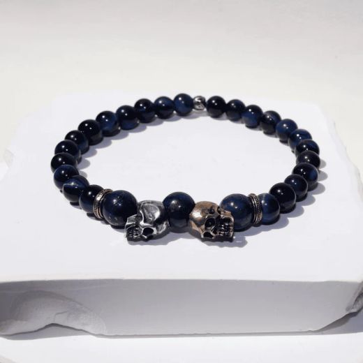 SB206X Pulsera Plata de Palo de bolas de ojo de tigre azul con calaveras de plata y bronce
