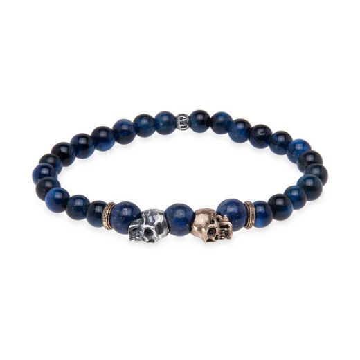 SB206X Pulsera Plata de Palo de bolas de ojo de tigre azul con calaveras de plata y bronce