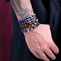 SB206X Pulsera Plata de Palo de bolas de ojo de tigre azul con calaveras de plata y bronce