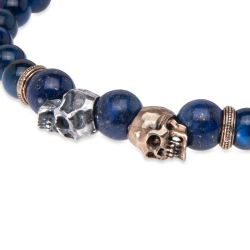 SB206X Pulsera Plata de Palo de bolas de ojo de tigre azul con calaveras de plata y bronce