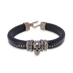 SB114X Pulsera Plata de Palo de cuero con calavera de bronce y piezas de Plata 925 y bronce de alta joyería que deja una impresión duradera con su estilo moderno