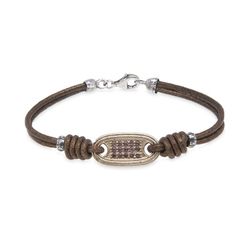 WB416X Pulsera Plata de Palo mujer de cuero con pieza central de bronce, plata 1ª ley 925 y circonitas marrones cierre mosquetón de seguridad