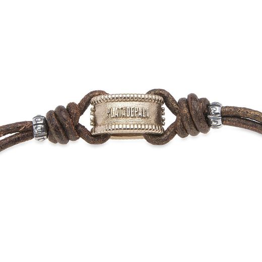 WB414X Pulsera Plata de Palo mujer en cuero de buena calidad con pieza de bronce y plata de ley con circonitas blancas