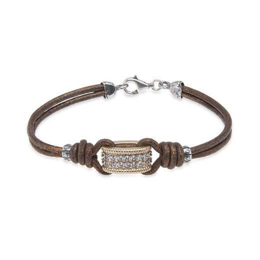 WB414X Pulsera Plata de Palo mujer en cuero de buena calidad con pieza de bronce y plata de ley con circonitas blancas