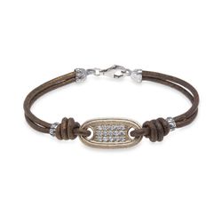 WB417X Pulsera PLATA DE PALO mujer de cuero con pieza de bronce, Plata 925 y circonitas blancas cierre de mosquetón