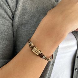 WB415X Pulsera Plata de Palo mujer de cuero con pieza de bronce, plata de ley 925 y circonitas marrones super moderna y elegante