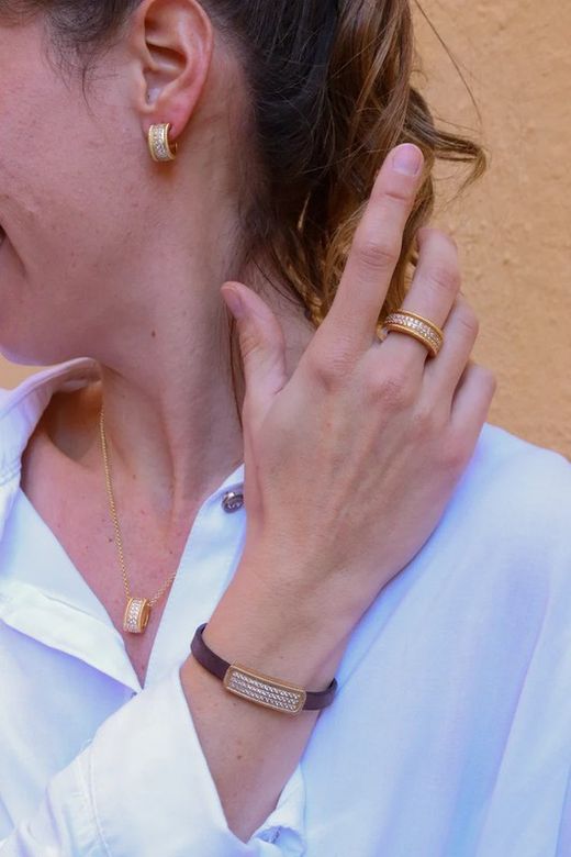 WB426X Pulsera Plata de Palo mujer de cuero marrón oscuro con pieza de bronce y circonitas blancas