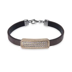 WB426X Pulsera Plata de Palo mujer de cuero marrón oscuro con pieza de bronce y circonitas blancas