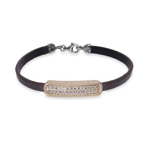 WB428X Pulsera mujer PLATA DE PALO de cuero con pieza de bronce y circonitas blancas elegante y llevadera cierre mosquetón