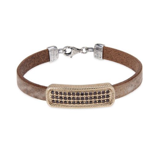WB427X Pulsera de mujer PLATA DE PALO de cuero con pieza de bronce y circonitas marrones elegante y moderna pieza central en bronce