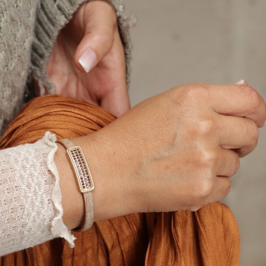 WB427X Pulsera de mujer PLATA DE PALO de cuero con pieza de bronce y circonitas marrones elegante y moderna pieza central en bronce