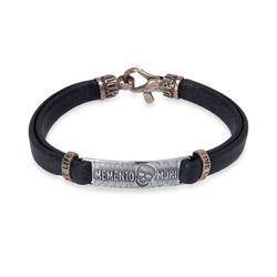 SB189X Pulsera PLATA DE PALO de cuero con pieza de plata con inscripción 'Memento Mori' agrega un elemento de intriga, misterio y personalidad