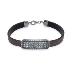 WB424X Pulsera Plata de Palo mujer elegante de cuero con pieza de Plata 925 y circonitas blancas exquisita pieza de alta joyería