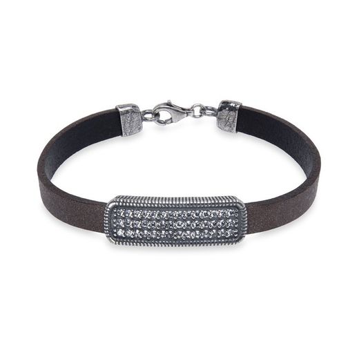 WB424X Pulsera Plata de Palo mujer elegante de cuero con pieza de Plata 925 y circonitas blancas exquisita pieza de alta joyería