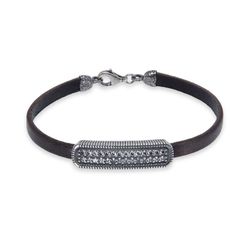 WB425X Pulsera Plata de Palo mujer radiante de cuero con pieza de Plata 925 y circonitas blancas con cierre de mosquetón
