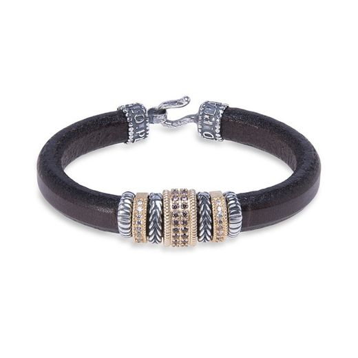 Pulsera Plata de Palo mujer de cuero con piezas de Plata 925, bronce, circonitas marrones y blancas Referencia:WB373X