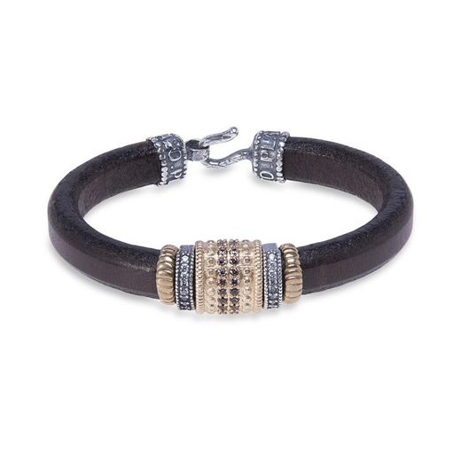 WB375X Pulsera PLATA DE PALO de cuero con piezas de Plata 925, bronce, circonitas marrones y blancas para aquellos que desean destacar con estilo y distinción