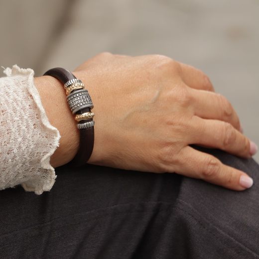 Pulsera Plata de Palo mujer de cuero con piezas en Plata 1ª ley, bronce y circonitas blancas Referencia:WB372X que aportan un toque de glamour y elegancia