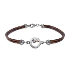 WB543X Pulsera PLATA DE PALO de cuero mujer modelo Engi con círculo de plata 925 y un punto de bronce
