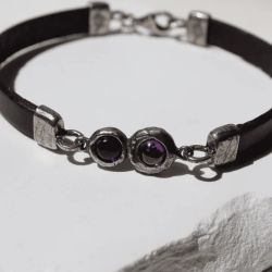 WB541X Pulsera Plata de Palo de cuero mujer Kage centro de plata 925 con rubí y amatista