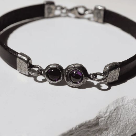 WB541X Pulsera Plata de Palo de cuero mujer Kage centro de plata 925 con rubí y amatista