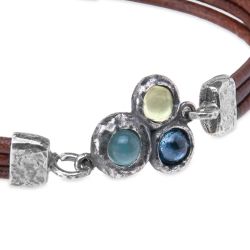 WB538X Pulsera PLATA DE PALO de cuero mujer Kaiko centro de plata 925 con aguamarina y olivina, cierre de mosquetón