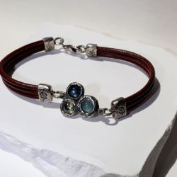 WB538X Pulsera PLATA DE PALO de cuero mujer Kaiko centro de plata 925 con aguamarina y olivina, cierre de mosquetón