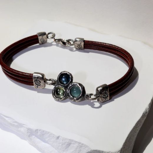 WB538X Pulsera PLATA DE PALO de cuero mujer Kaiko centro de plata 925 con aguamarina y olivina, cierre de mosquetón