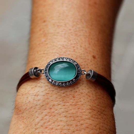 WB563X Pulsera Plata de Palo cuero de mujer modelo Meikai con piedra azul y circonitas blancas