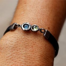 WB539X Pulsera PLATA DE PALO de cuero mujer Shinkai centro de plata 925 con aguamarina y olivina