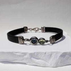 WB539X Pulsera PLATA DE PALO de cuero mujer Shinkai centro de plata 925 con aguamarina y olivina