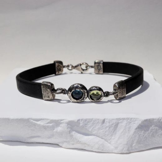 WB539X Pulsera PLATA DE PALO de cuero mujer Shinkai centro de plata 925 con aguamarina y olivina