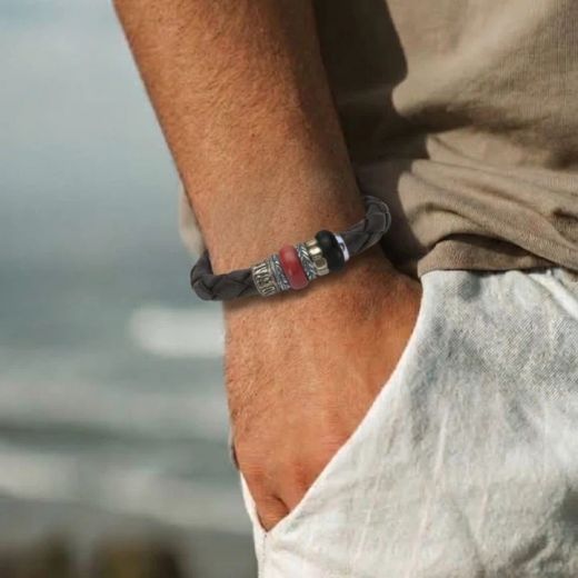 MB322X Pulsera Plata de Palo de Cuero trenzado Hombre Dinagat