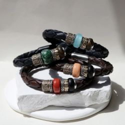 MB322X Pulsera Plata de Palo de Cuero trenzado Hombre Dinagat