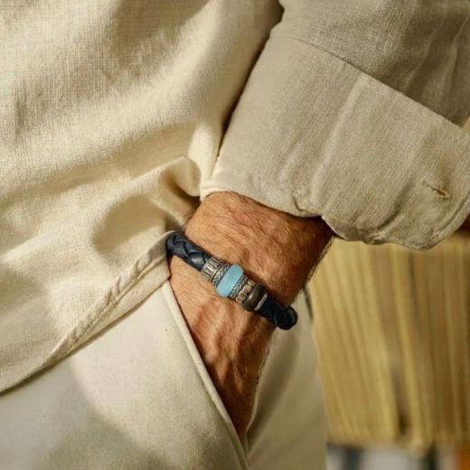 MB325X Pulsera Plata de Palo de Cuero trenzado Hombre Samal