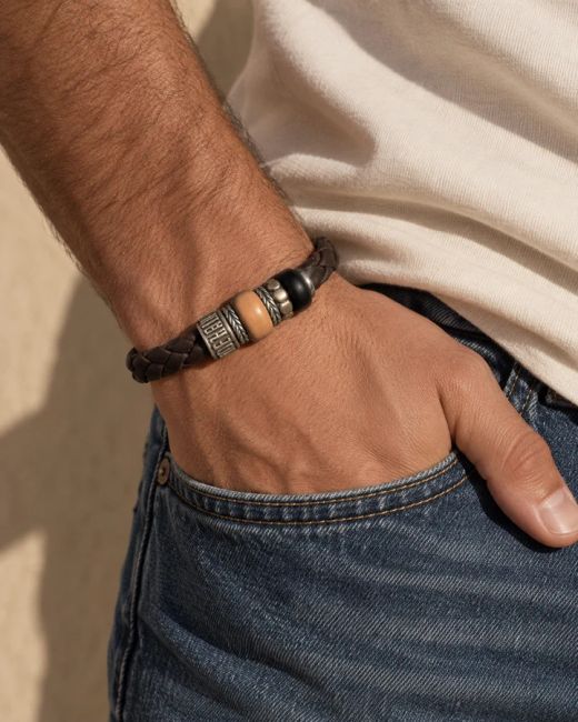 MB323X Pulsera PLATA DE PALO de Cuero trenzado Hombre Sibuyan