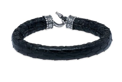 Pulsera Giolina WB518X de Plata de Palo hombre en cuero negro y cierre de plata de ley en forma de serpiente