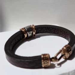MB253X Pulsera Plata de Palo enérgica de hombre cuero con piezas de plata y cierre de gancho en bronce