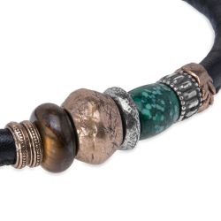 MB280X Pulsera Plata de Palo hombre Mikazuki de cuero con ojo de tigre y jade