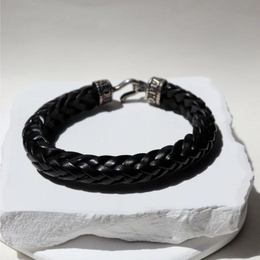 MB240X Pulsera PLATA DE PALO estilosa hombre de cuero negro trenzado cierre de gancho en plata de ley