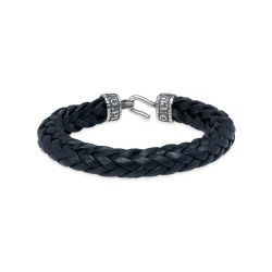 MB240X Pulsera PLATA DE PALO estilosa hombre de cuero negro trenzado cierre de gancho en plata de ley