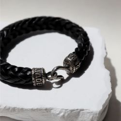 MB240X Pulsera PLATA DE PALO estilosa hombre de cuero negro trenzado cierre de gancho en plata de ley
