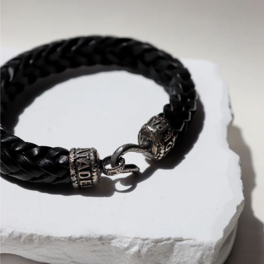 MB240X Pulsera PLATA DE PALO estilosa hombre de cuero negro trenzado cierre de gancho en plata de ley